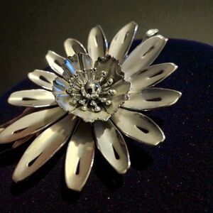 Vintage Coro Signed Silver Tone Layered Flower Brooch Mid-Century